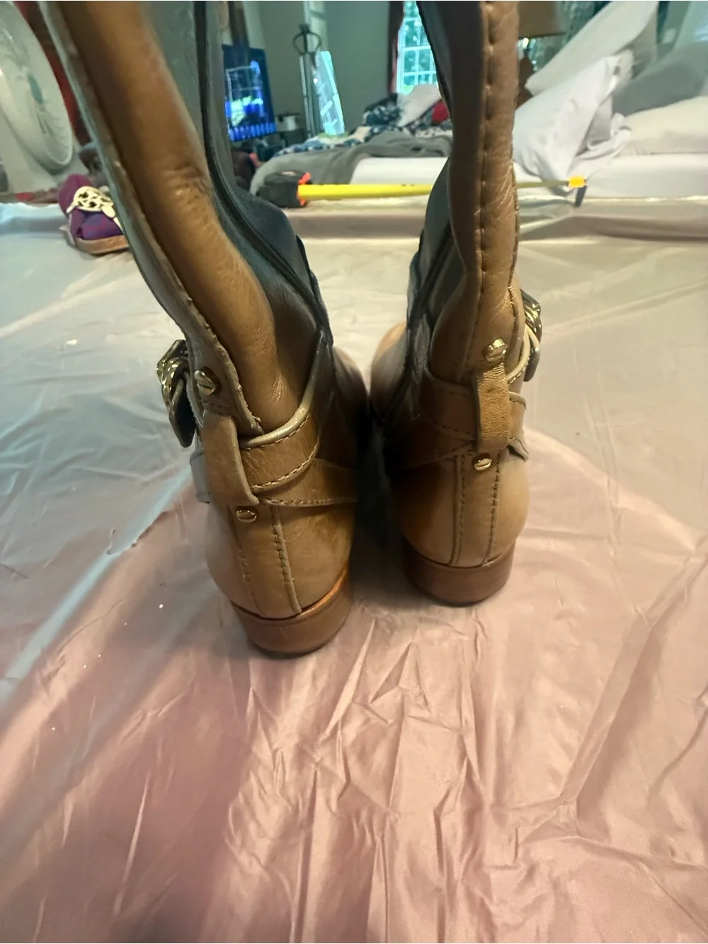 Tory Burch Calista Taupe Gold Leather Logo Belt Knee Riding Boots Size 6 $495
